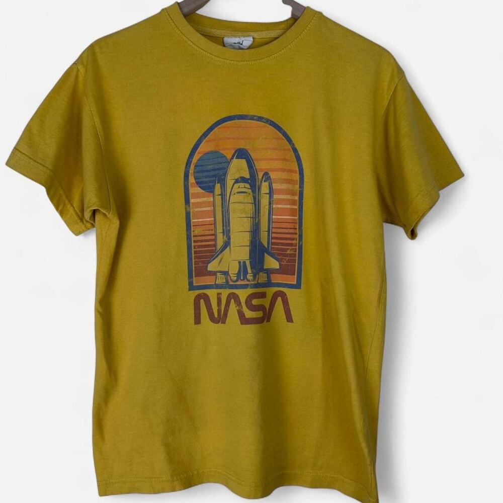 Nasa graphic tee mustard yellow retro space shuttle shirt size S